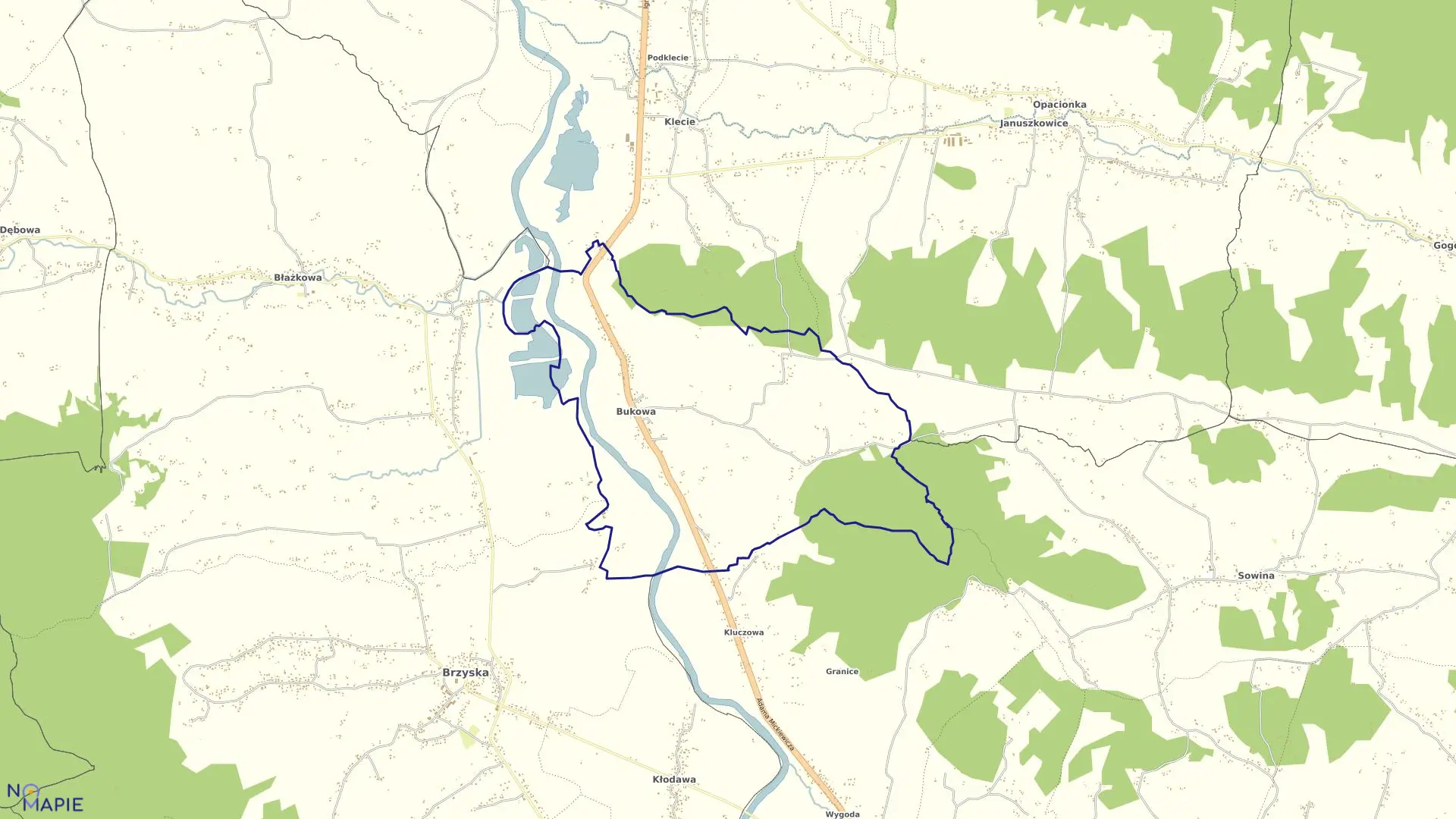 Mapa obrębu Bukowa w gminie Brzostek