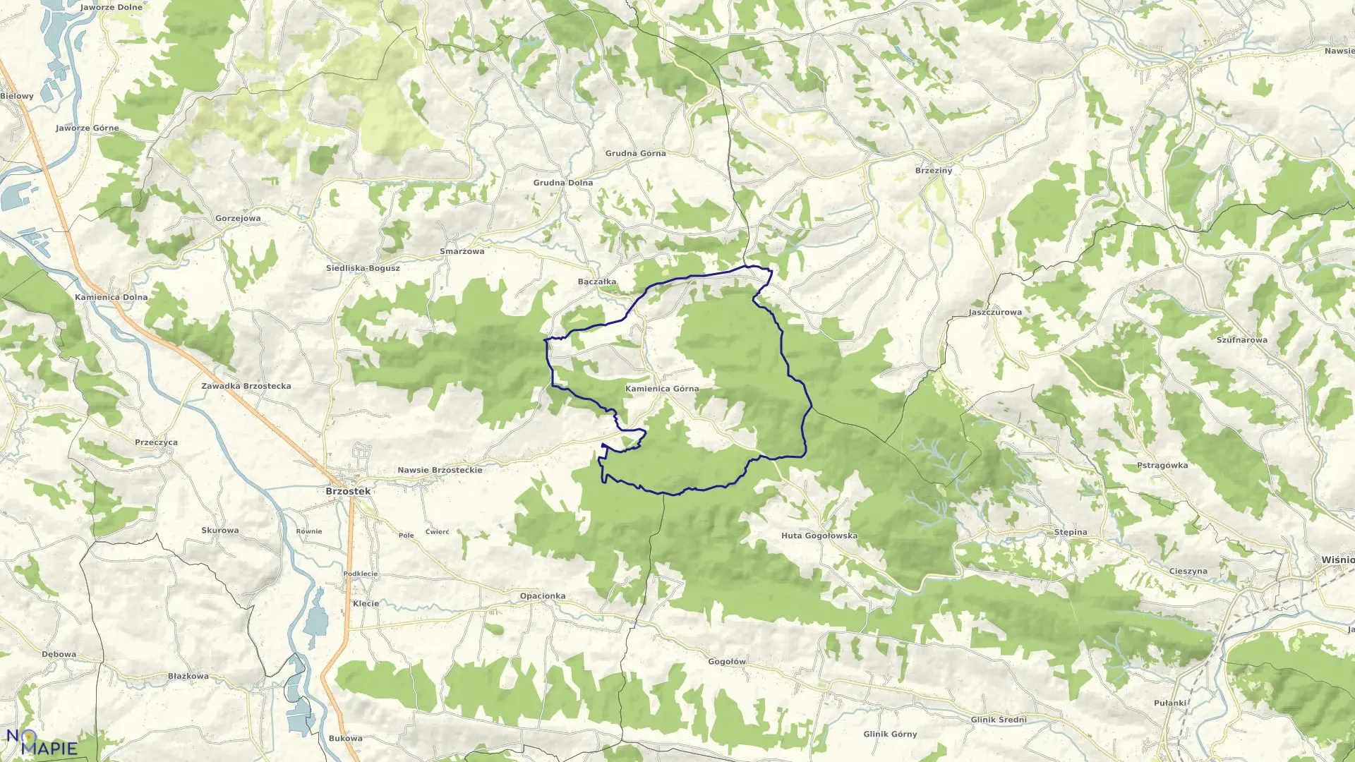 Mapa obrębu Kamienica Górna w gminie Brzostek